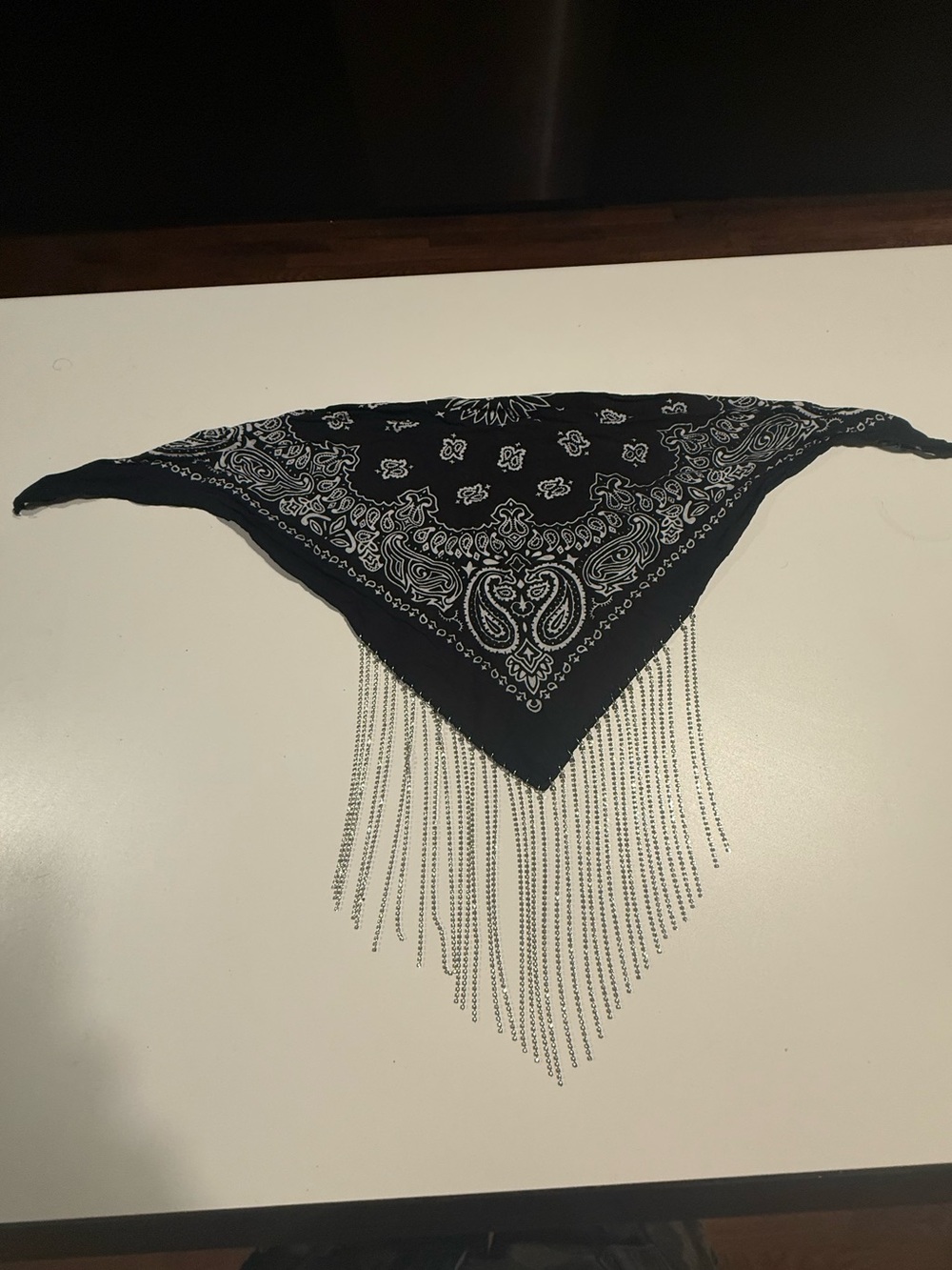 Black Paisley Bandana Scarf with Silver rhinestone Fringe